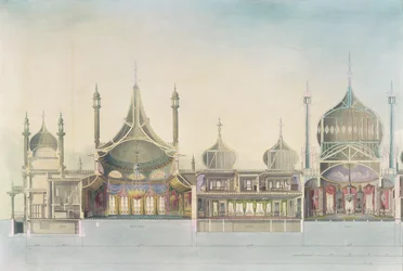 Längsschnitt (L bis R) Orgel, Musikzimmer, Galerie, Salon, Bankettsaal, Pagenzimmer, Küche aus Ansichten des Royal Pavilion, Brighton, von John Nash, 1826